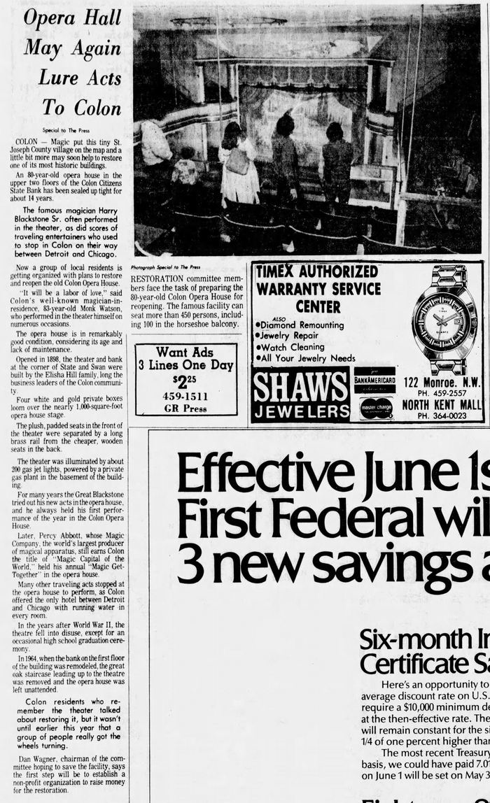 Hills Opera House - May 1978 Reopen Plan (newer photo)